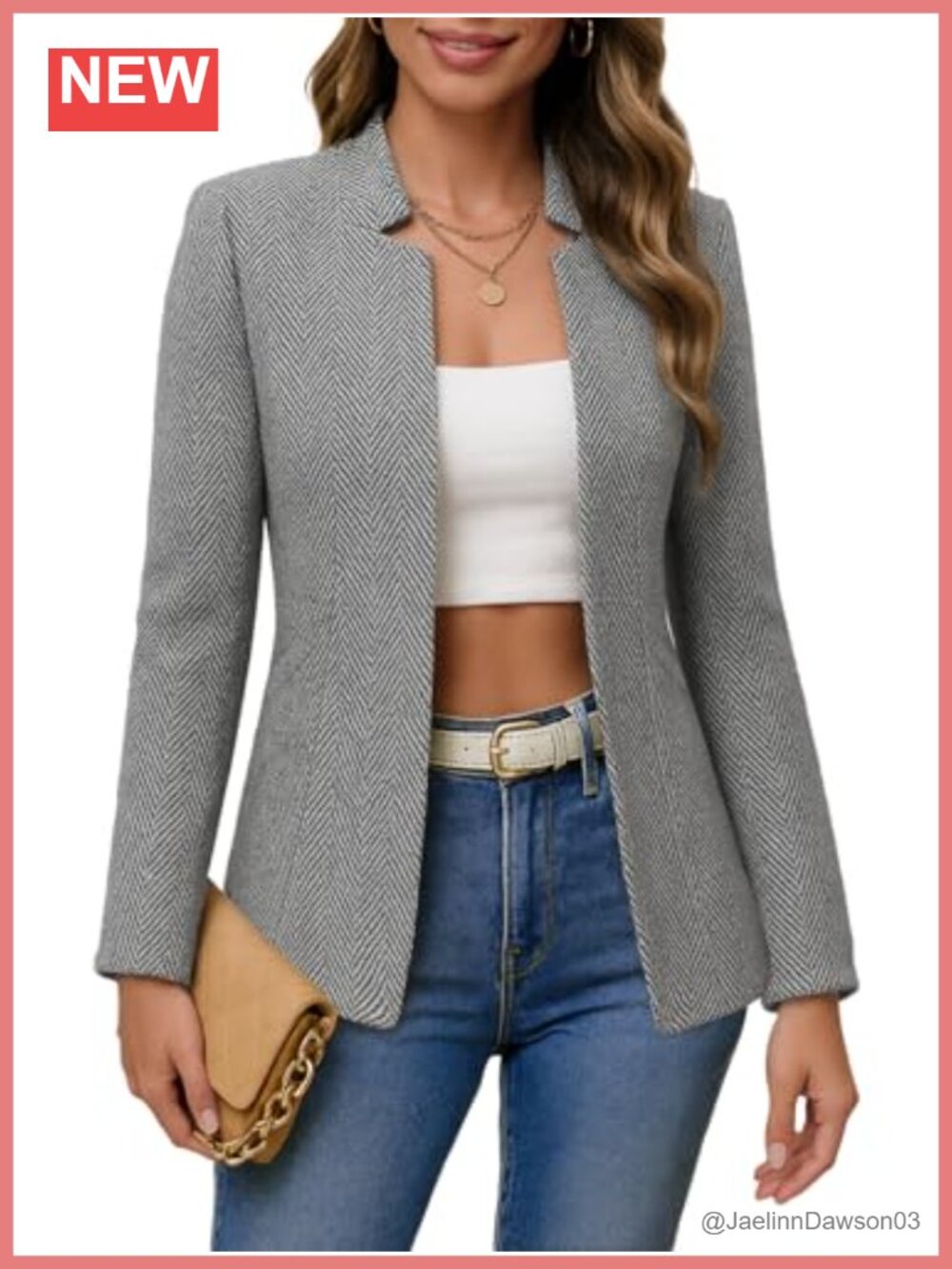 Herringbone Tweed Blazer Jacket Plaid Open Front Slim Notch Collar Full-Lined
